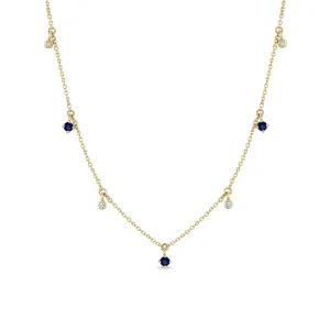 14k Dangling Mixed Round Blue Sapphires & Diamonds Necklace